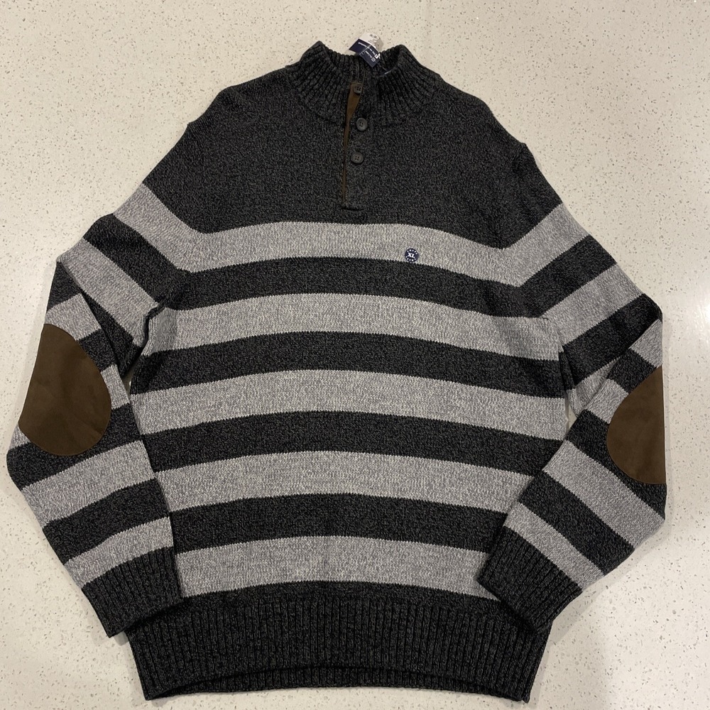 Chaps Men's Sweater blue gray striped with Elbow Patches Size XL NWT